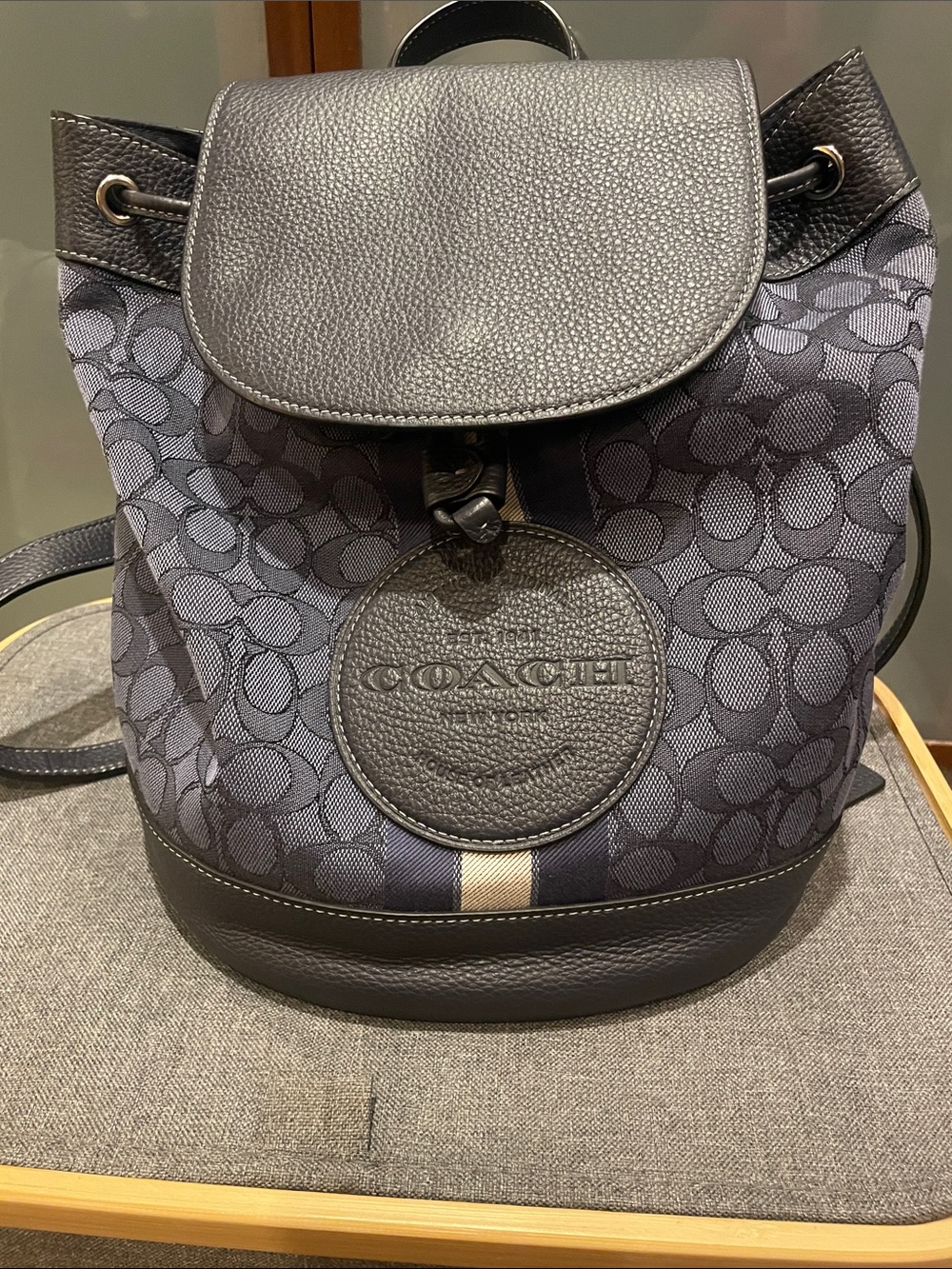 Coach Navy Blue Signature Canvas Drawstring Backpack with Leather Trim